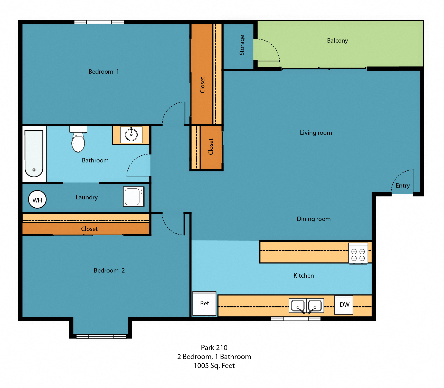 Floor plan for 2 beds, 1 bath, 1005 sqft